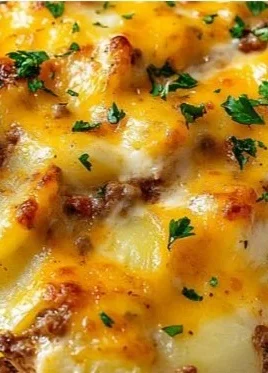 A delicious Hobo Casserole served in a baking dish with colorful vegetables and meat.