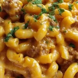 Delicious creamy Homemade Hamburger Helper in a pan ready to serve.