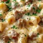 Creamy Italian sausage rigatoni topped with fresh herbs and cheese