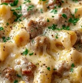 Creamy Italian sausage rigatoni topped with fresh herbs and cheese