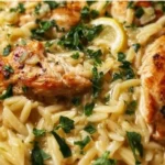 Delicious Lemon Chicken Orzo served in a bowl with fresh herbs