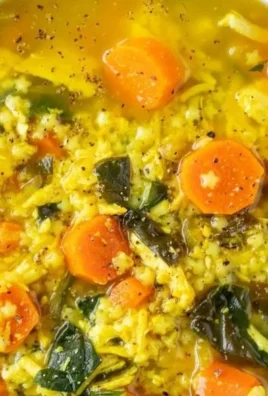 Bowl of Lemon Turmeric Chicken Soup garnished with herbs.
