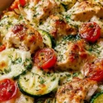 Mediterranean Chicken Zucchini Bake served in a white dish with fresh herbs