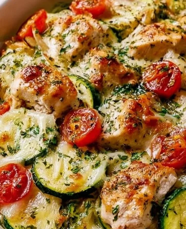 Mediterranean Chicken Zucchini Bake served in a white dish with fresh herbs