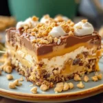 Delicious no-bake peanut butter lasagna dessert served in a stylish dish.