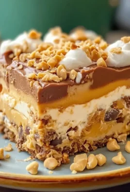 Delicious no-bake peanut butter lasagna dessert served in a stylish dish.