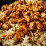 One-Pan Bold Honey BBQ Chicken Rice dish with vibrant colors and savory ingredients.