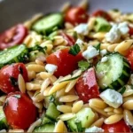 Delicious Orzo Pasta Salad with colorful vegetables for a picnic