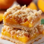 Freshly baked Peach Crumb Bars, topped with a golden crumb layer and juicy peach filling
