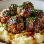 Salisbury steak meatballs with garlic herb mashed potatoes on a plate