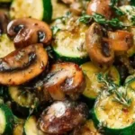 Skillet zucchini and mushrooms sautéed in a pan, showcasing vibrant colors.