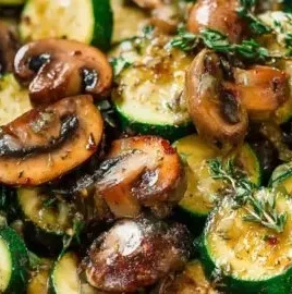 Skillet zucchini and mushrooms sautéed in a pan, showcasing vibrant colors.