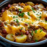 Delicious slow cooker cowboy casserole served in a rustic bowl.