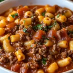 Bowl of hearty Southern Style Goulash with pasta and vegetables.