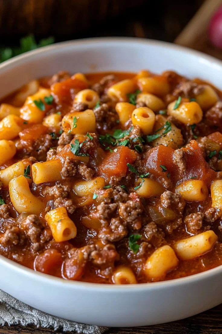 Bowl of hearty Southern Style Goulash with pasta and vegetables.