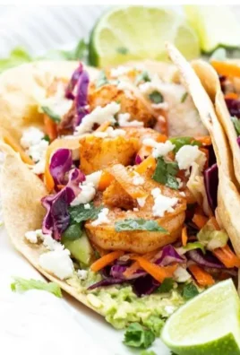 Delicious spicy shrimp tacos with fresh toppings and vibrant colors