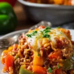 Delicious stuffed pepper casserole topped with melted cheese and fresh herbs.