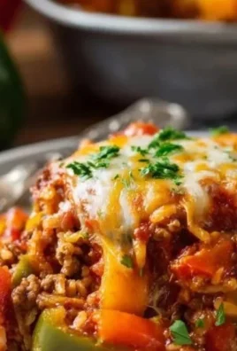 Delicious stuffed pepper casserole topped with melted cheese and fresh herbs.