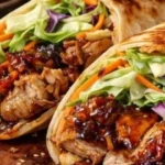 Delicious teriyaki chicken wrap with fresh vegetables and savory sauce