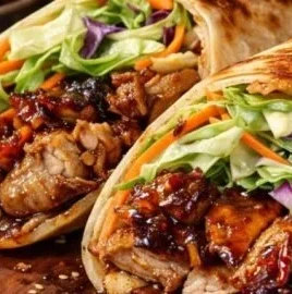 Delicious teriyaki chicken wrap with fresh vegetables and savory sauce