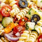 Bowl of delicious ultimate pasta salad with fresh vegetables and dressing