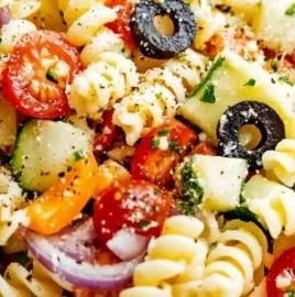 Bowl of delicious ultimate pasta salad with fresh vegetables and dressing