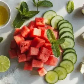 A colorful watermelon cucumber salad served in a bowl, garnished with mint.